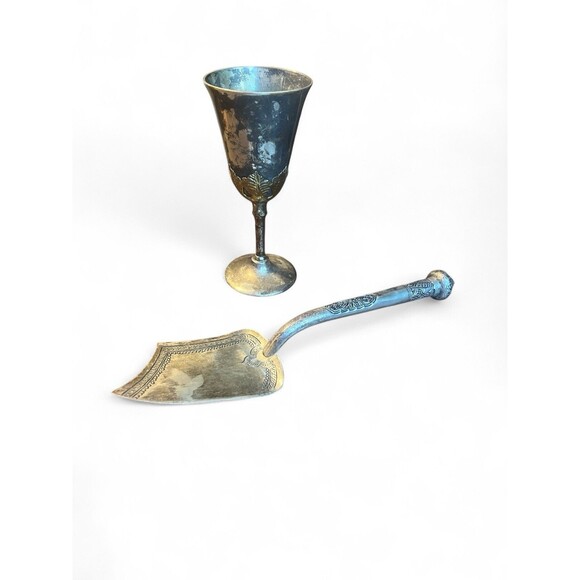 Silverplate Goblet Cake Pie Server Set Vintage Display Collectible Tableware T90 - Picture 1 of 5